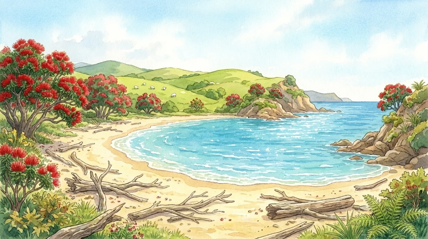 Watercolour of a Ponui bay with red pōhutukawa above a pale beach, green farmland and turquoise water.