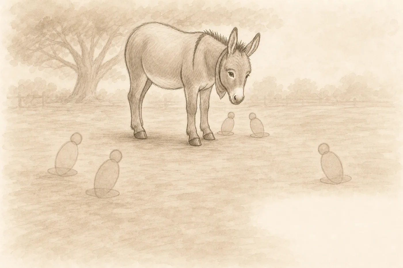 Sepia composition study of the donkey in a paddock, with the mice represented by simple shapes to establish their positions and scale.