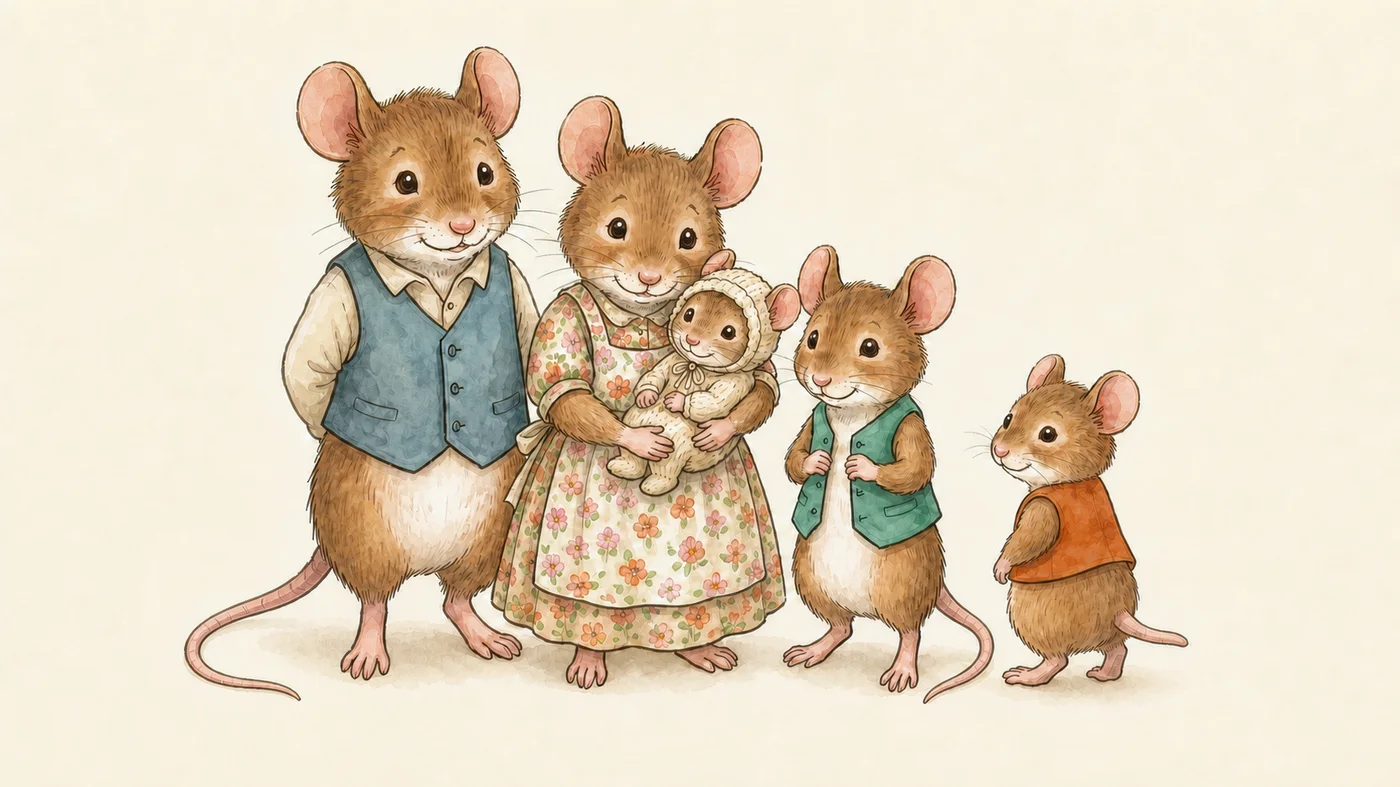 Watercolour of Father Mouse, Mother Mouse holding Baby, and the two brothers, Long-tail and Short-tail.
