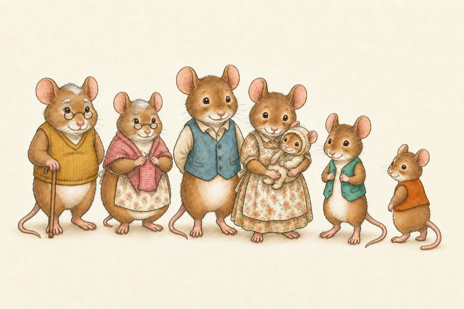 Watercolour lineup of the seven mice: Grandfather, Grandmother, Father, Mother holding Baby, Long-tail and the smaller Short-tail.
