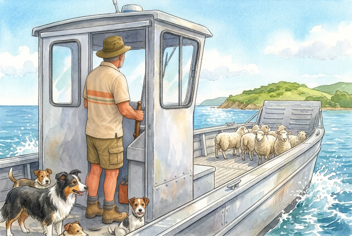 Watercolour of Farmer David at the wheel of a small barge, steering for the island with sheep and four farm dogs on deck.