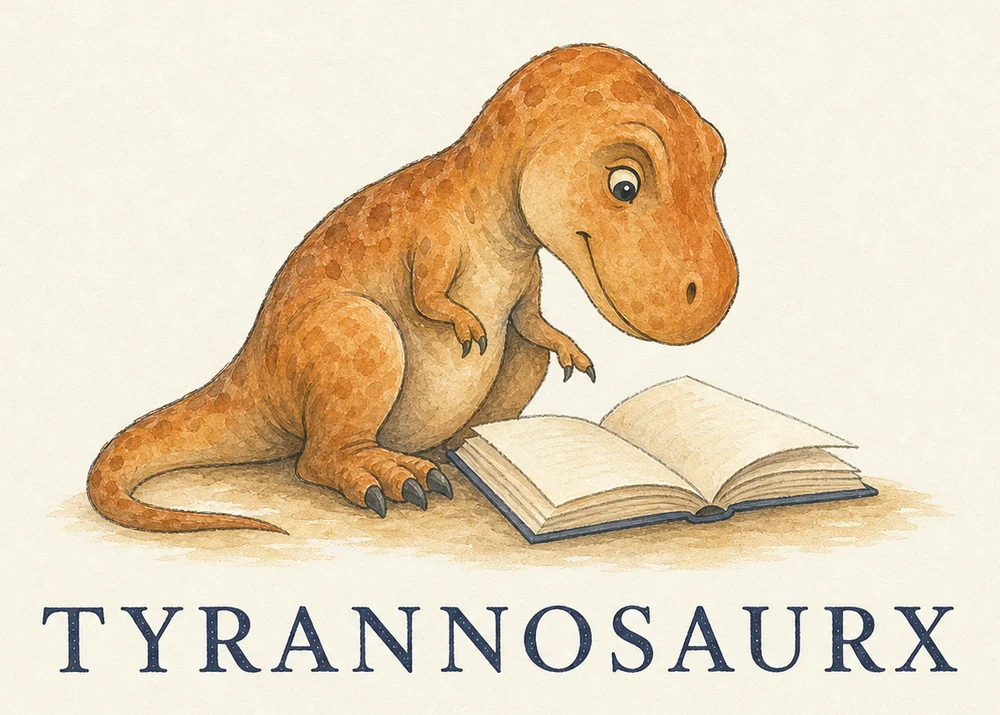 A young watercolour Tyrannosaurus rex sits beside an open book.