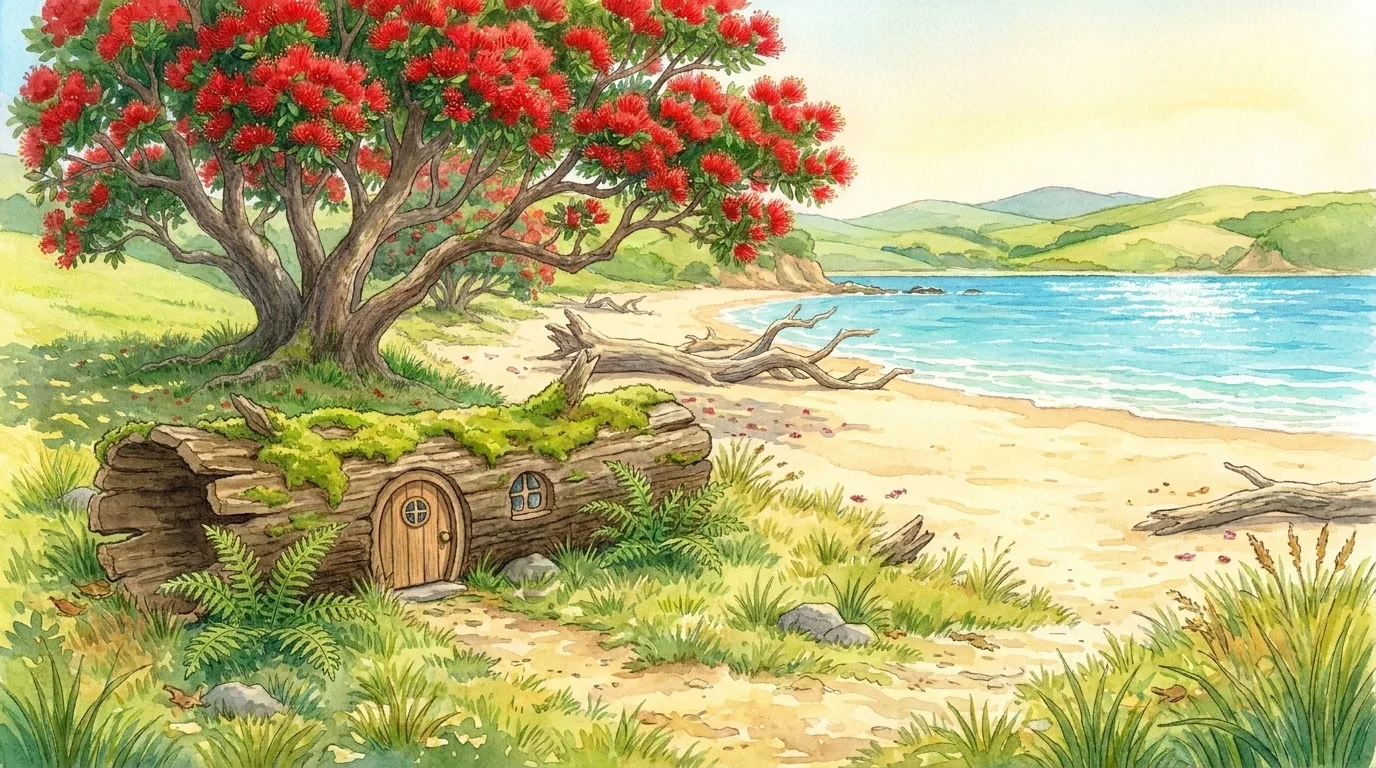Watercolour of the mice’s mossy fallen-log home beneath a red-flowering pōhutukawa beside the bay.