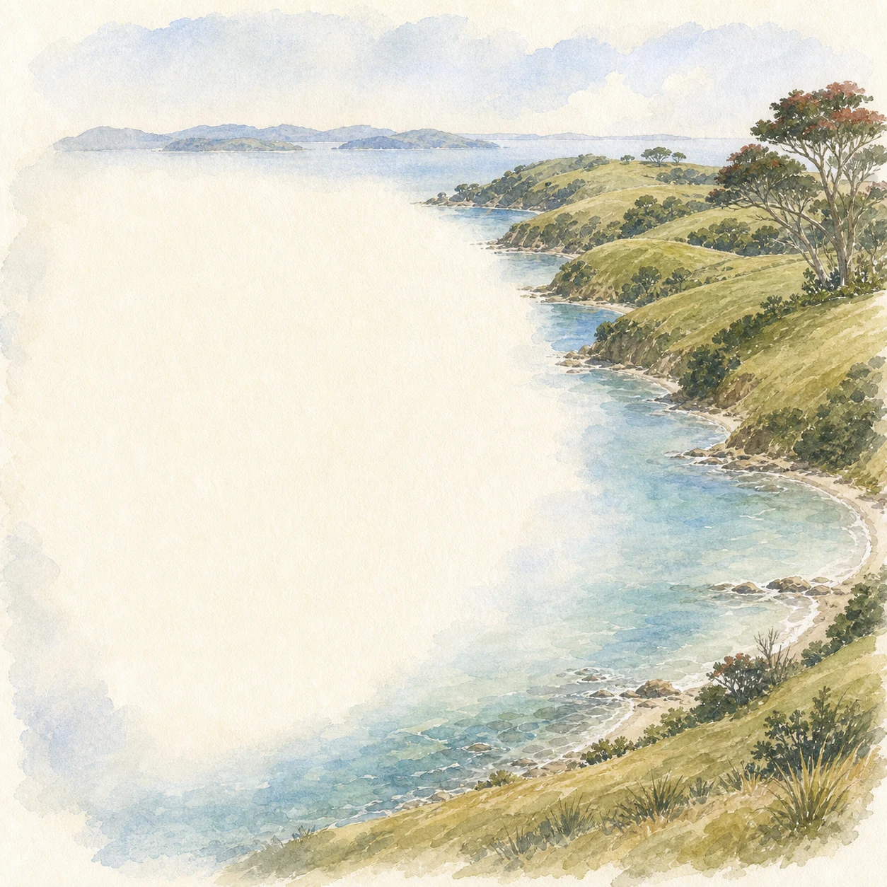 Watercolour of Ponui Island, with a turquoise bay between green headlands and red pōhutukawa on the ridge.