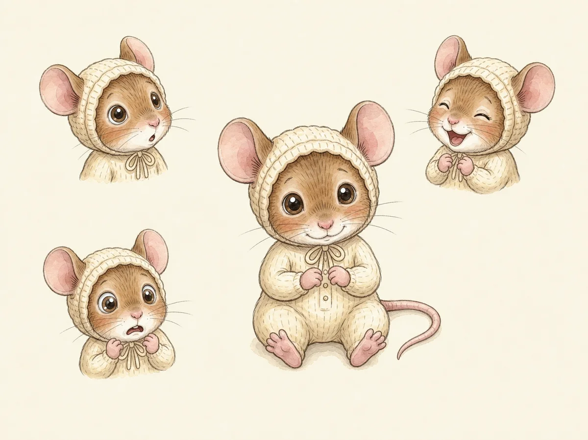 Watercolour expression studies of Baby Mouse in a cream knitted bonnet and onesie.