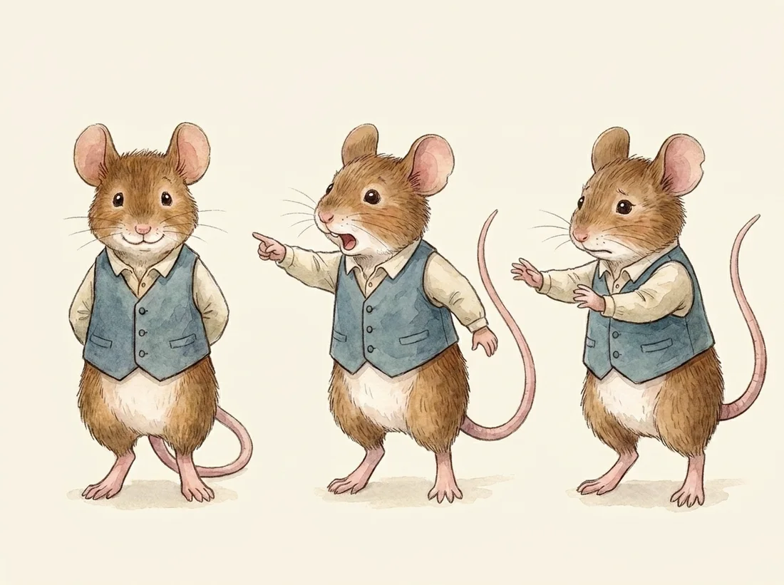 Watercolour studies of Father Mouse in a blue-grey waistcoat, standing, pointing and stepping back.