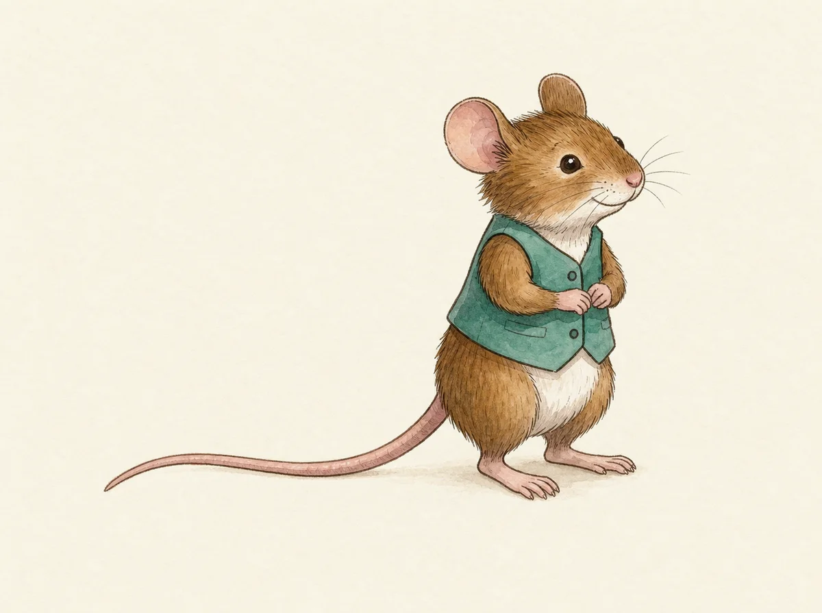 Watercolour study of Long-tail, the taller brown mouse in a teal-green vest, with his pale-pink tail behind him.