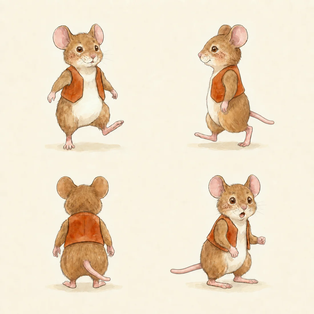 Watercolour studies of Short-tail, a small brown mouse in a rust-orange vest, shown from several angles.