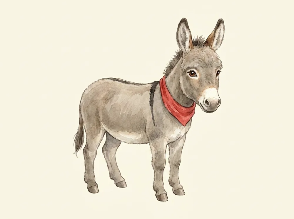 Watercolour study of a small grey Ponui donkey wearing a red neckerchief.
