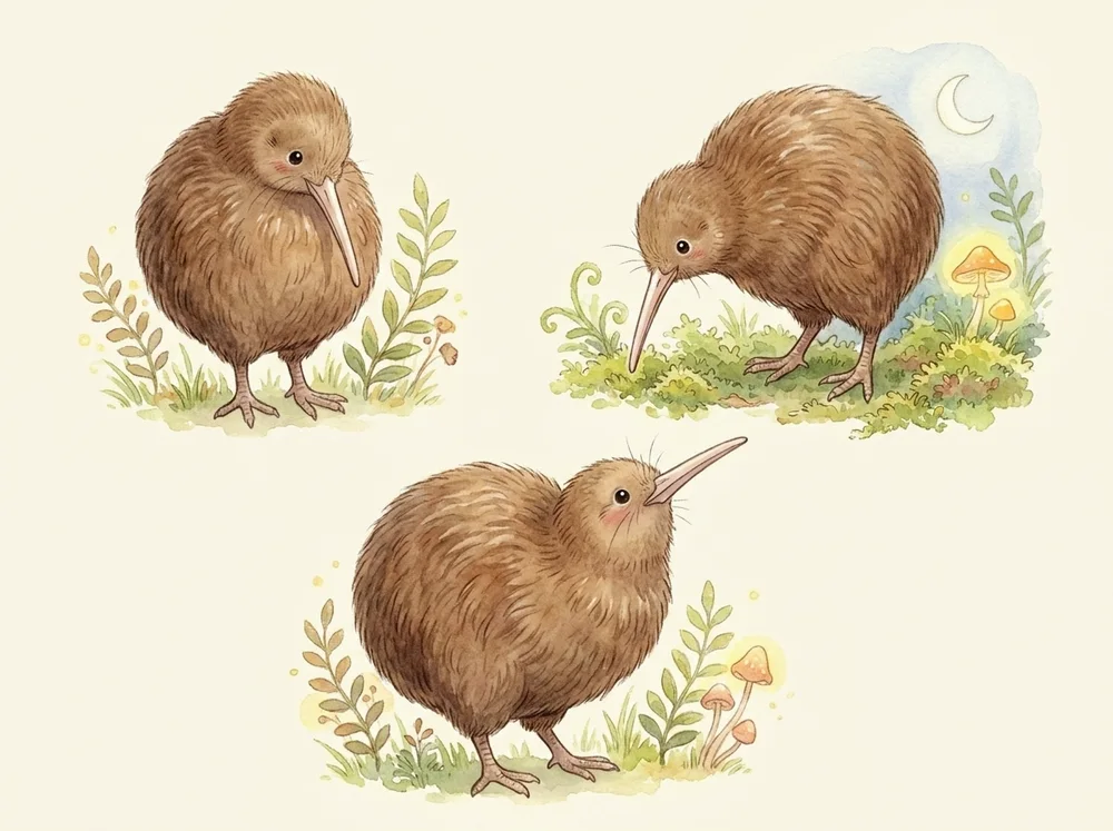 Watercolour of a Ponui brown kiwi foraging by moonlight among ferns.