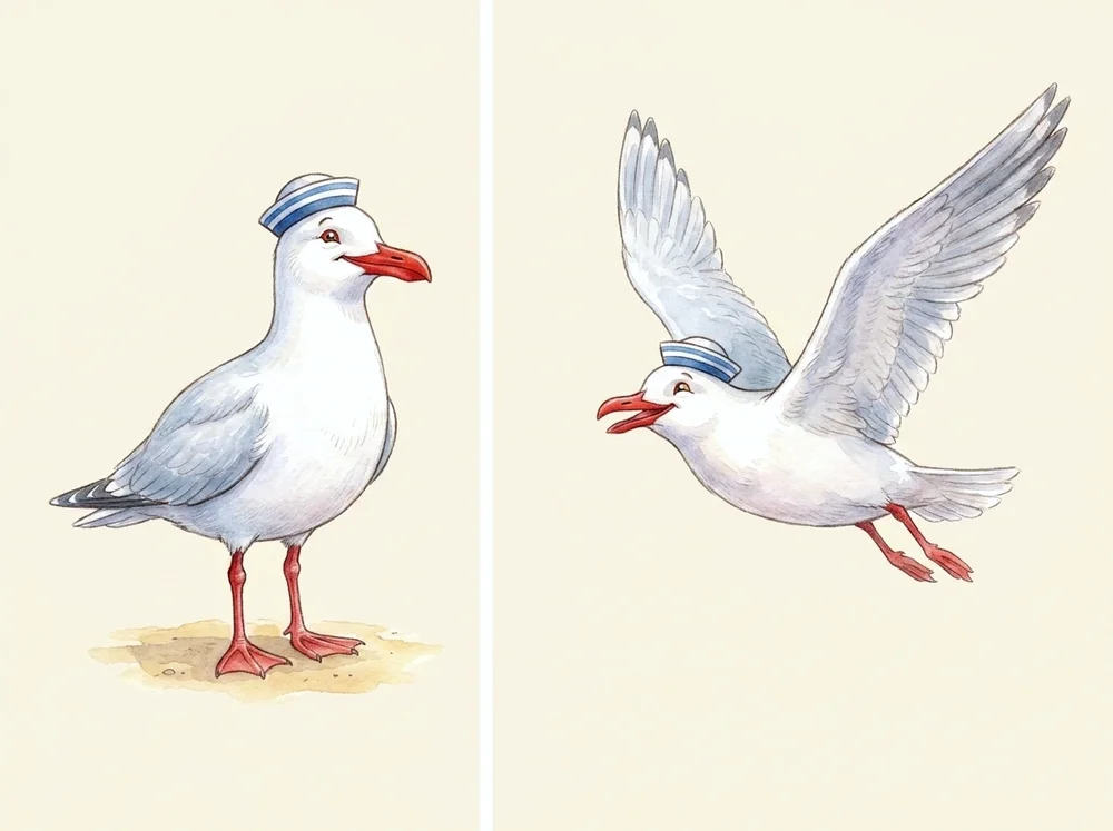 Watercolour studies of a red-billed gull in a striped cap, standing and in flight.