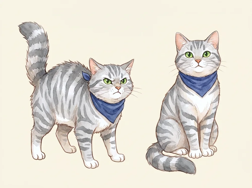 Watercolour studies of a silvery-grey tabby cat in a neckerchief, standing and seated.