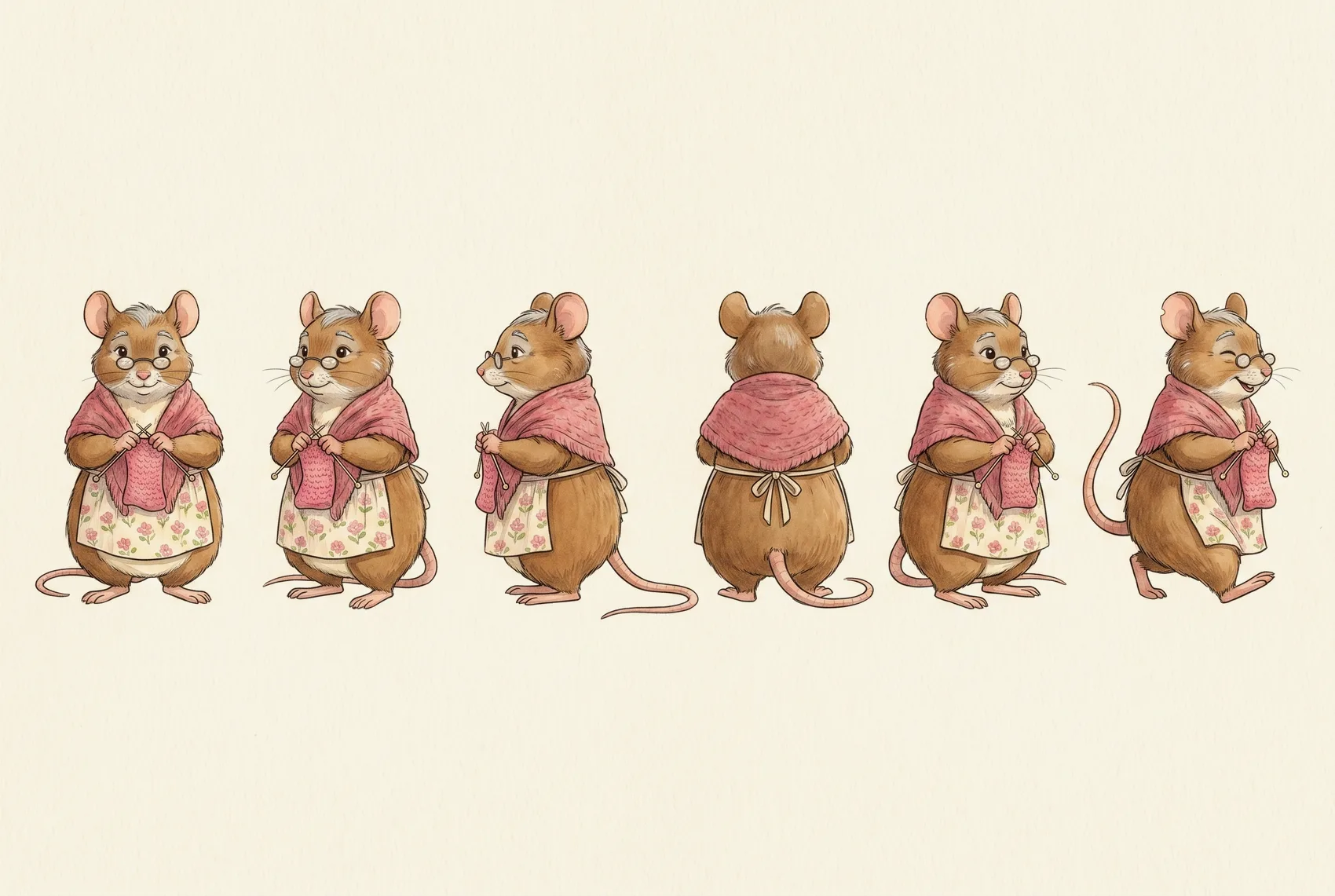 Watercolour turnaround studies of Grandmother Mouse in spectacles, a rose shawl and an apron, holding her knitting.